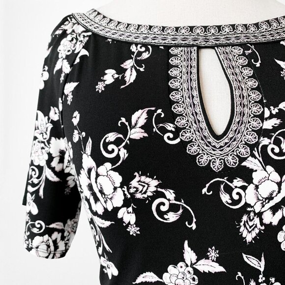 Vintage Y2K Black White Printed Knee Length Boho Knit Sheath Dress Size M - Picture 5 of 6